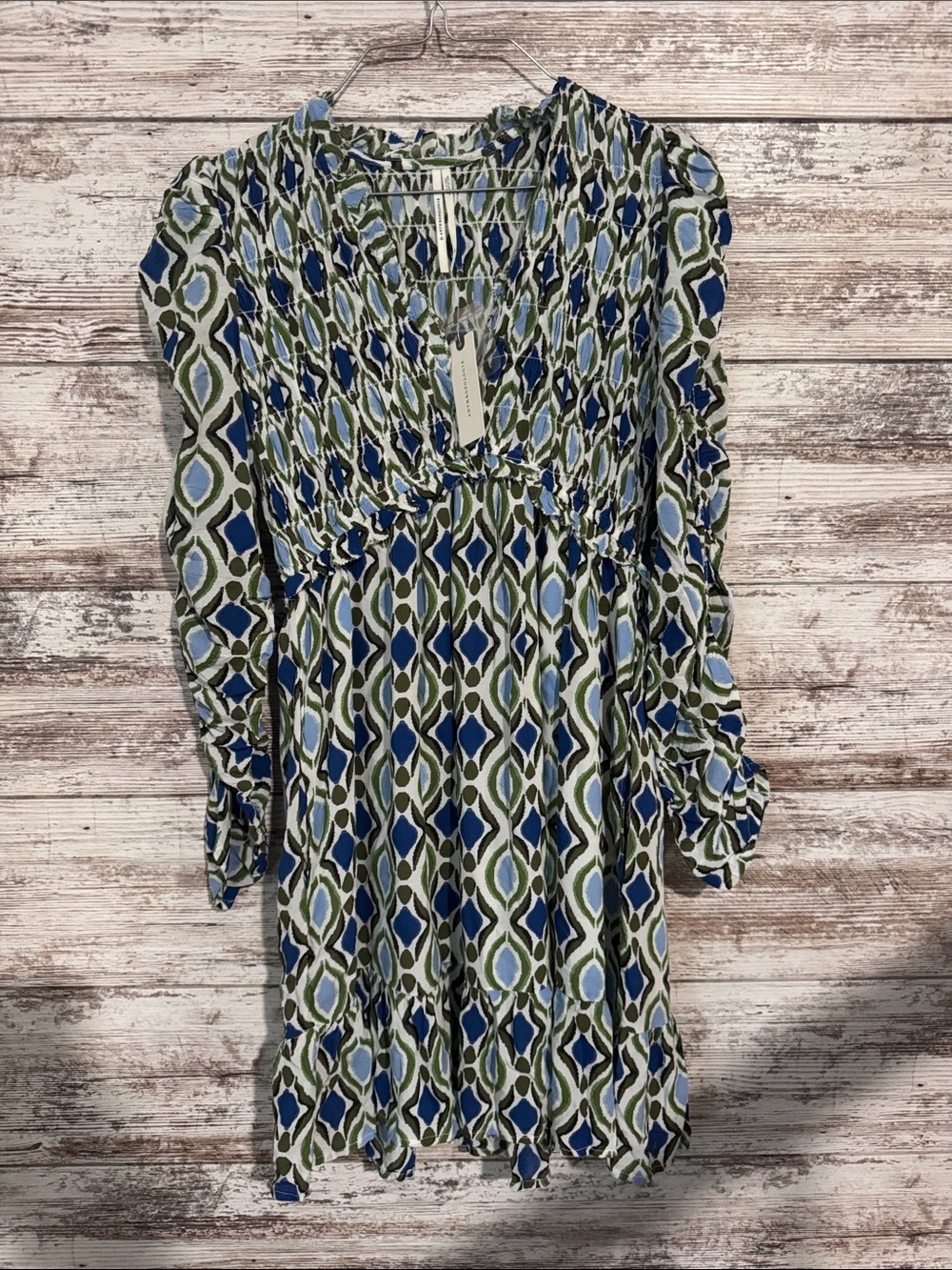 Anthropologie Blue & Green Printed Long Sleeve V-Neck Dress xs